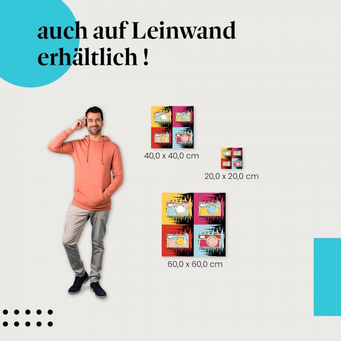 Vier bunte Retro-Kameras im Pop-Art-Stil als Leinwandbild - für Retro-Fans und Fotografie-Begeisterte.