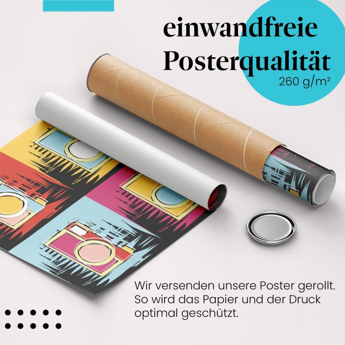 Gerolltes Poster "Retro Kameras". Farbenfroher Pop Art Stil, sicher verpackt.