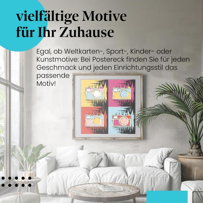 Retro-Charme: Poster "Kameras" im Pop-Art-Stil - für Fotografie-Fans.
