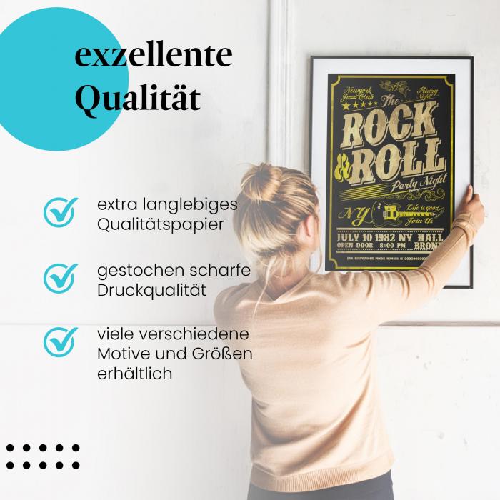 Gerahmtes Wandbild "The Rock'n'Roll Party Night". Retro-Design im Stil der 50er, ideal für Musikliebhaber.