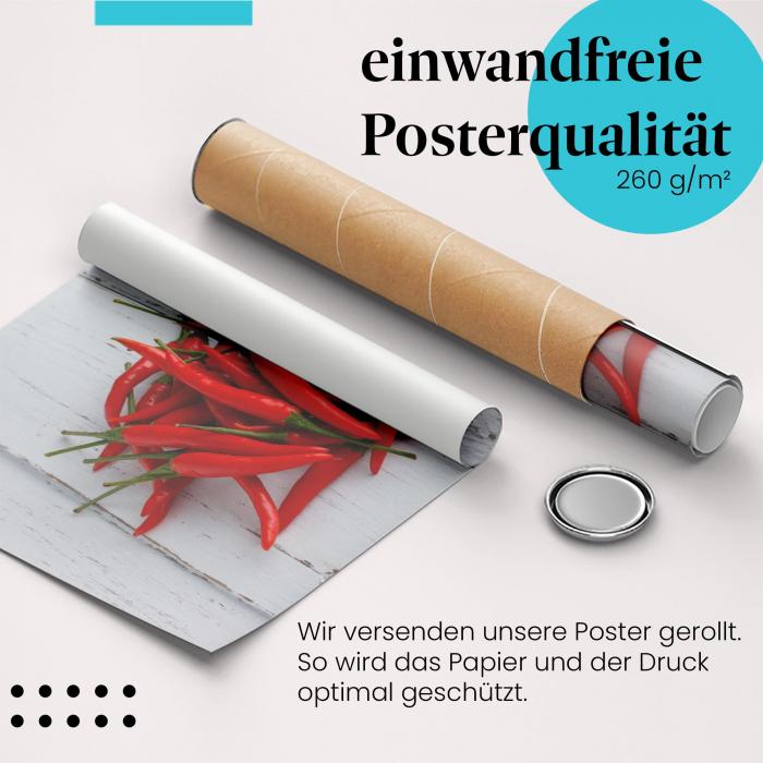 Gerolltes Poster "Rote Chilischoten", Holztisch.