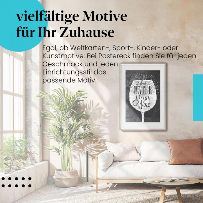 Stylisches Leinwandbild: Save Water Drink Wine - Wein Poster im Kreidestil.