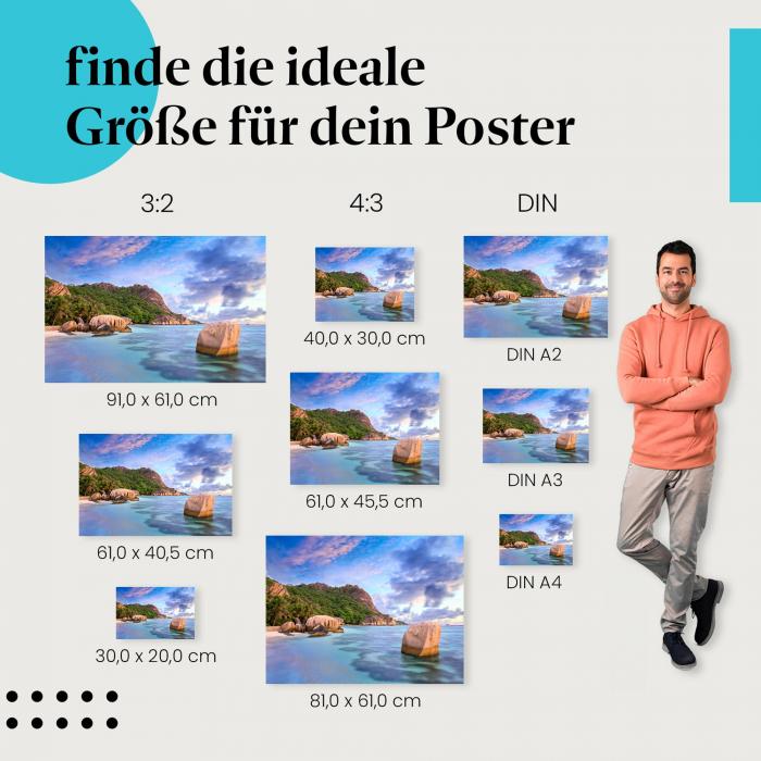 "Magischer Sonnenaufgang am Strand": Poster - Seychellen, Meer & Granitfelsen