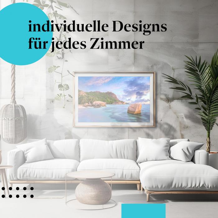 Seychellen Poster: "Magischer Sonnenaufgang" - Strand, Felsen & Palmen