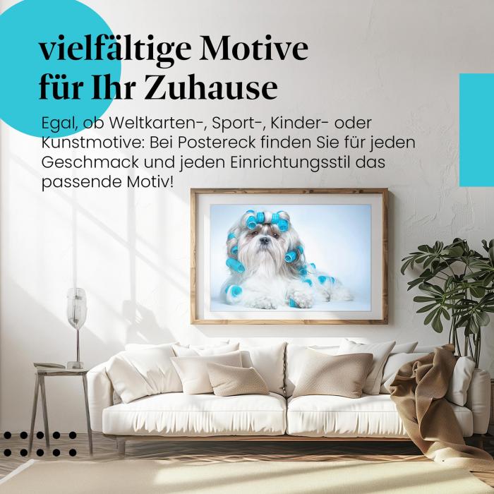 Stylisches Leinwandbild: Süßer Shih Tzu mit Lockenwicklern. Deko für alle Hundefans.