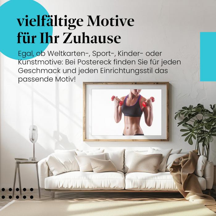 "Fitness-Motivation": Poster - Frau mit Hanteln - stark & diszipliniert.