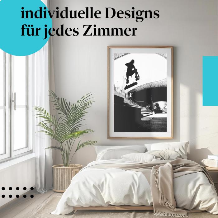 Schlafzimmer Deko: "Skateboard Action" Poster im modernen Jugendzimmer. Wanddeko für Action-Liebhaber.