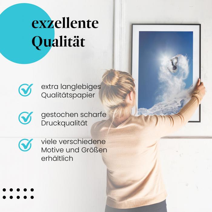 Gerahmtes Wandbild "Snowboard Backflip". Langlebiges Papier, hochwertige Druckqualität. Verschiedene Motive und Größen.