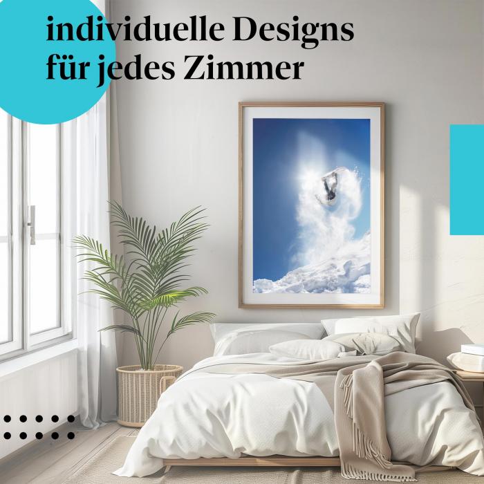 Schlafzimmer Deko: "Snowboard Backflip" Poster im modernen Jugendzimmer. Wanddeko für Wintersportler.