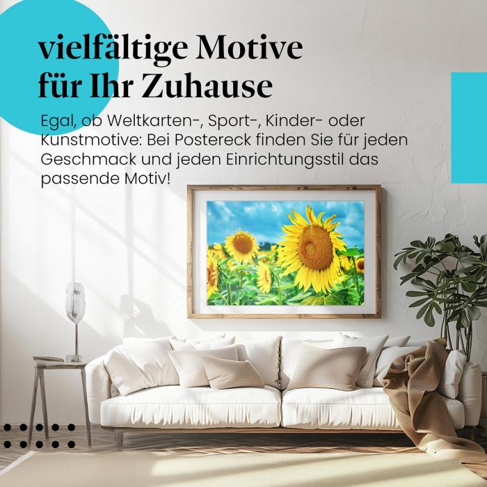 Dieses Leinwandbild mit dem Sonnenblumenfeld ist ein Hingucker und versprüht gute Laune.