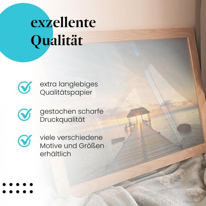 "Sonnenuntergang am Steg": Gerahmtes Wandbild, hochwertige Qualität.