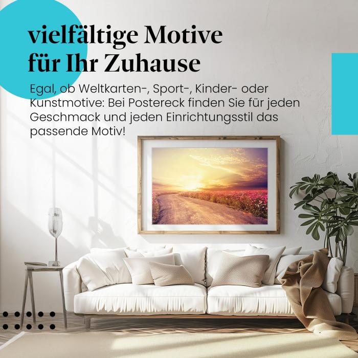 Leinwandbild "Straße & Blumen": Rosa Blütenmeer, Sonnenuntergang - ein romantischer Anblick.