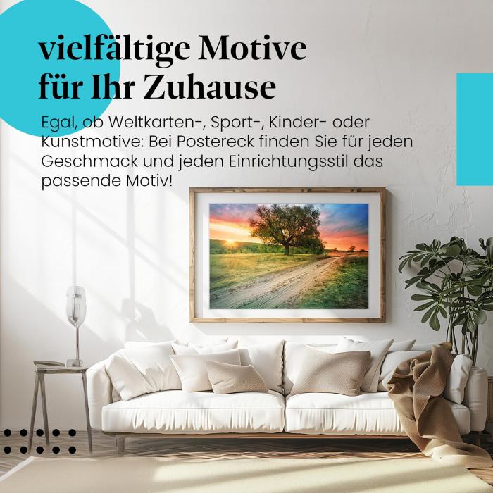 Leinwandbild "Feldweg": Grüne Landschaft, Sonnenuntergang - idyllisches Motiv.