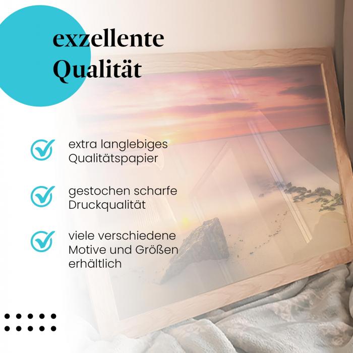 Gerahmtes Wandbild "Sonnenuntergang, Felsen, Meer", langlebiges Papier, verschiedene Größen erhältlich.