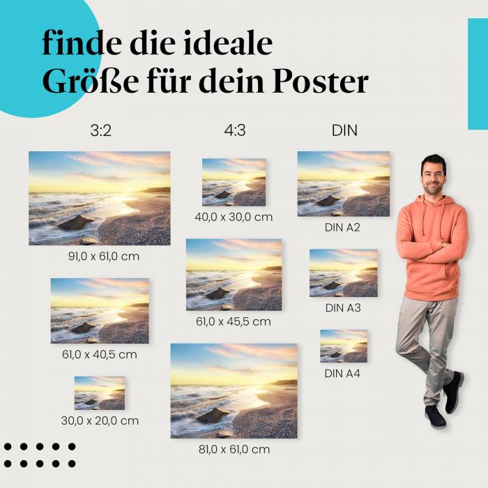 Entdecke die passende Postergröße: Strand, Sonnenuntergang, Meer, Felsen.