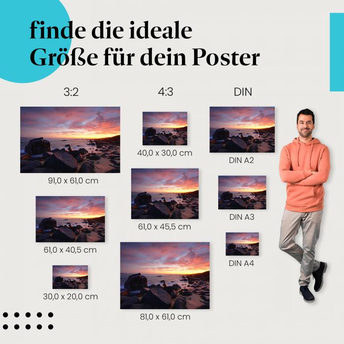 Strand, Poster: Felsen, Sonnenuntergang, Meer.