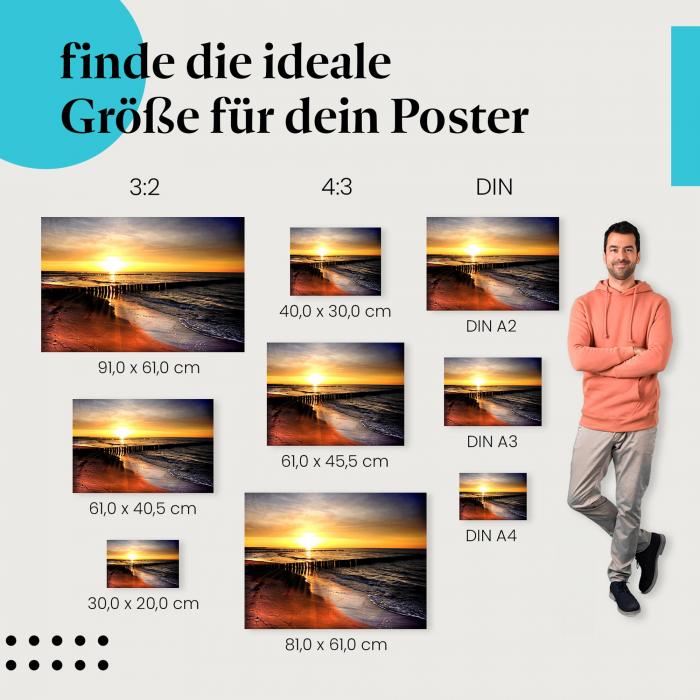 Strand, Poster: Sonnenuntergang, Meer, Holzpfähle, Schatten.