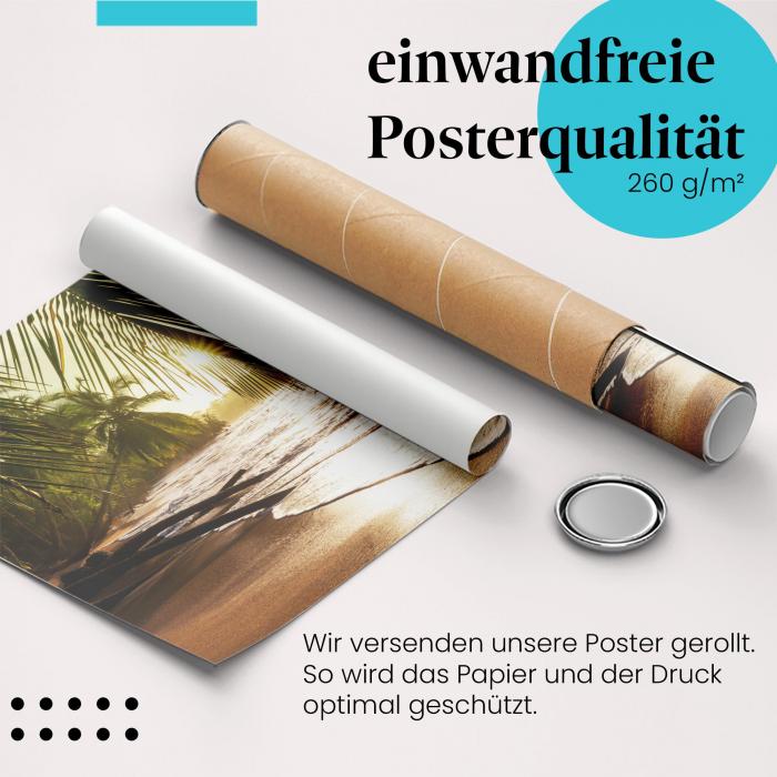 "Sonnenuntergang": Gerolltes Poster, Palmenstrand, Gold.