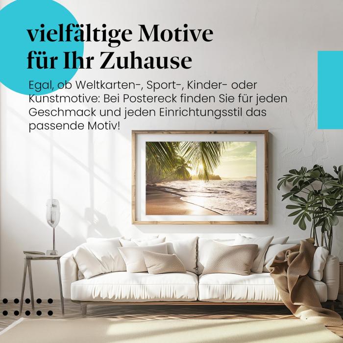 Dieses Leinwandbild mit dem Sonnenuntergang am Strand versprüht Urlaubsfeeling und Romantik.