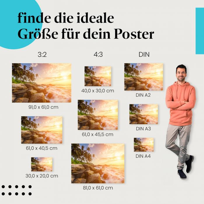 Wähle die ideale Postergröße: Palmen, Felsen und Wellen im Sonnenuntergang am tropischen Strand.