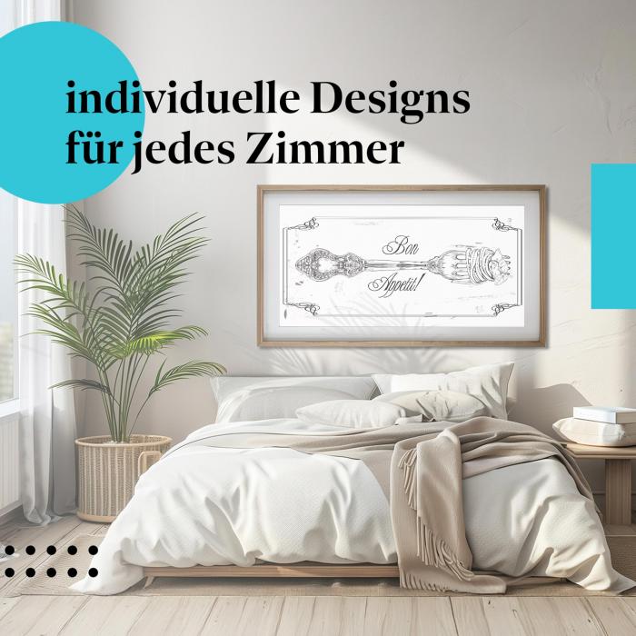 Schlafzimmer Deko: Stilvolles Schlafzimmer mit "Bon Appetit!" Poster. Originelle Wanddeko für Genießer.