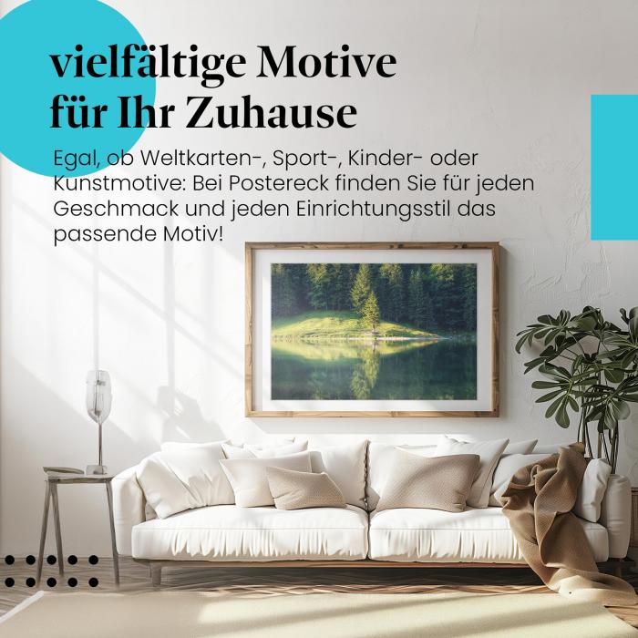 Leinwandbild "Baum am See": Spiegelung, grüne Wälder - Ruhe & Frieden.