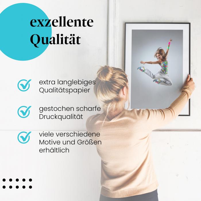 Gerahmtes Wandbild "Tänzerin, Lebensfreude, Sprung", langlebiges Papier, verschiedene Größen erhältlich.