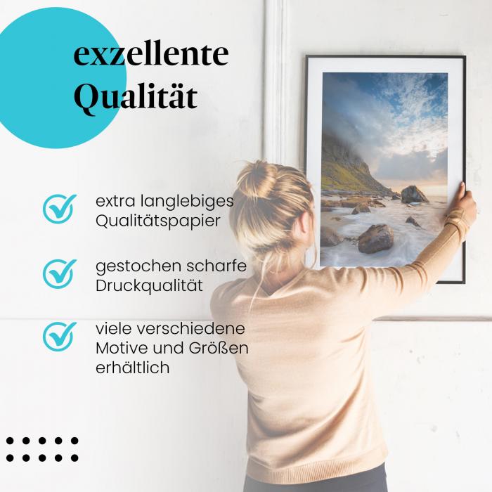 Gerahmtes Wandbild "Küste, Sonnenuntergang, Norwegen", langlebiges Papier, verschiedene Größen erhältlich.