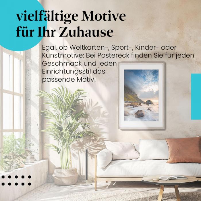 Stylisches Leinwandbild: Dramatische Stimmung an der Küste Norwegens bei Sonnenuntergang.