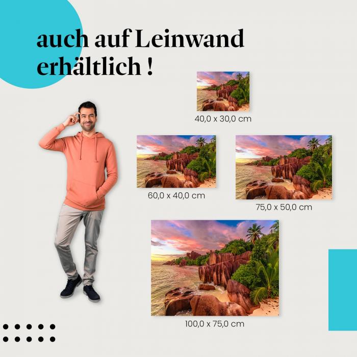 Strand: Leinwandbild. Granitfelsen, Palmen, türkis, Sonnenuntergang.