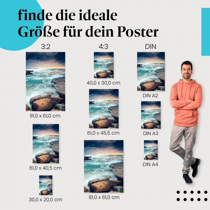 Küste, Poster: Felsen, Wellen, dramatisch, Morgengrauen.