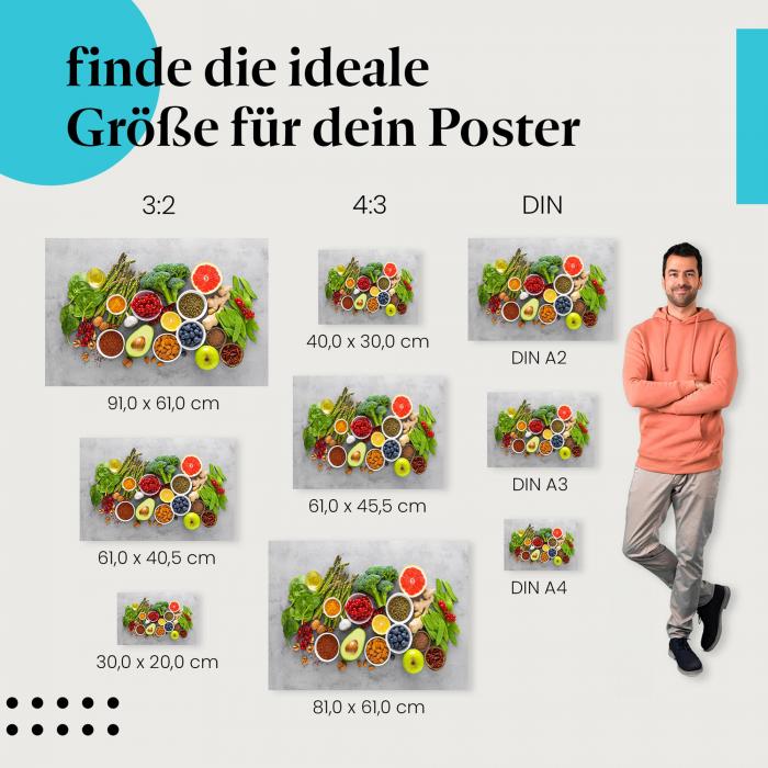 Superfoods, Poster: Schalen, grau, gesunde Ernährung.