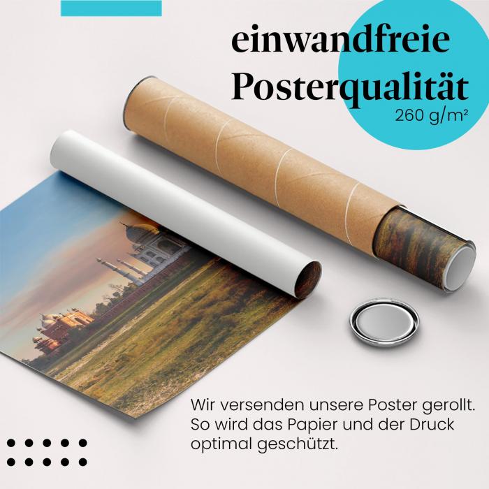 Gerolltes Poster "Taj Mahal". Weltwunder, sicher verpackt.