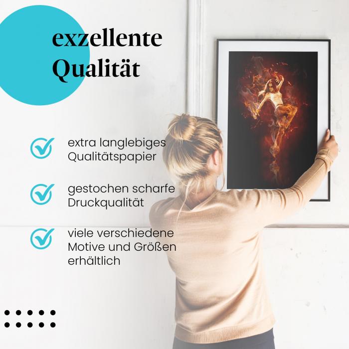 Gerahmtes Bild "Tanz & Feuer" - Tänzerin, Flammen, Rauch, Ausdruckskraft.