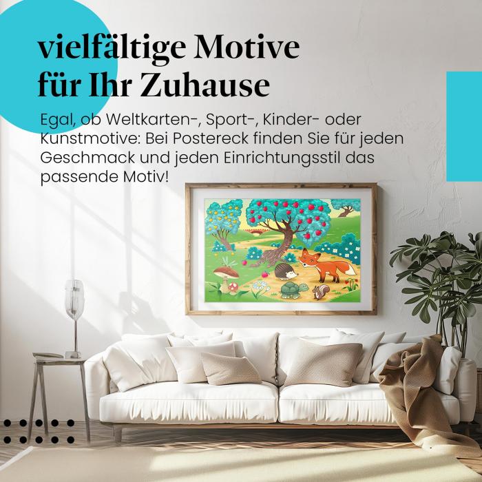 Dieses Leinwandbild mit dem herbstlichen Apfelgarten und den Tieren bringt die Schönheit der Natur in Ihr Zuhause.