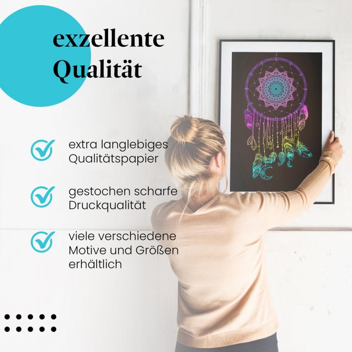 "Traumfänger" Leinwandbild: Detailreiches Design mit Mandala, Federn, Mond und Sternen.