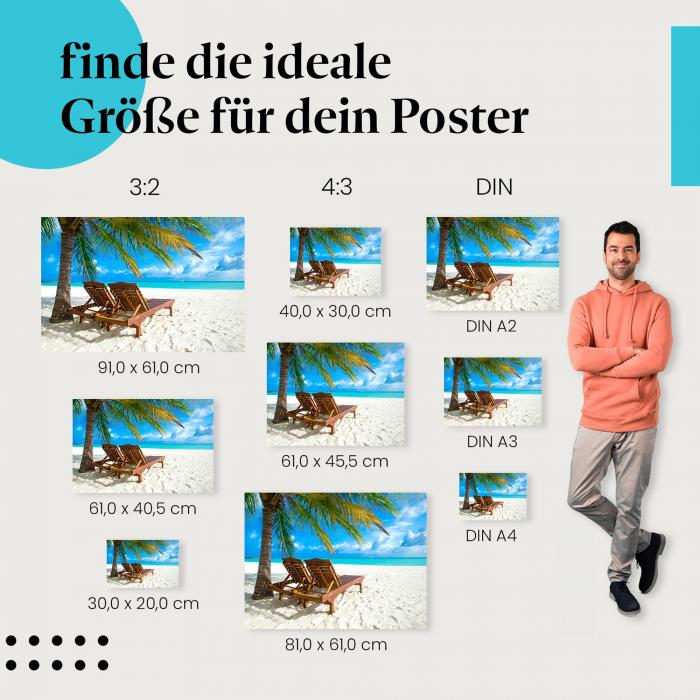 Entdecke die passende Postergröße: Traumstrand: Palmen, blaues Meer, weißer Sand.