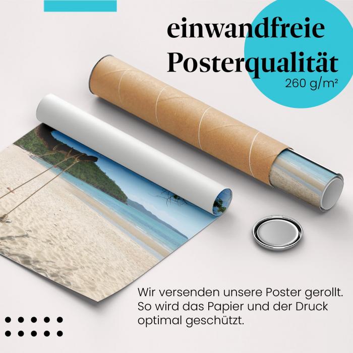 "Entspannung": Gerolltes Poster, Schaukel, Traumstrand.