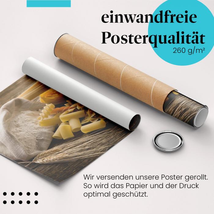 Gerolltes Poster "Pasta". Spaghetti, Farfalle, Vielfalt.