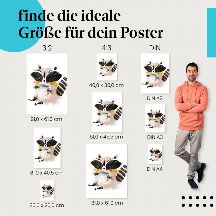 Waschbär, Poster: Schal, Getränk, gemütlich.