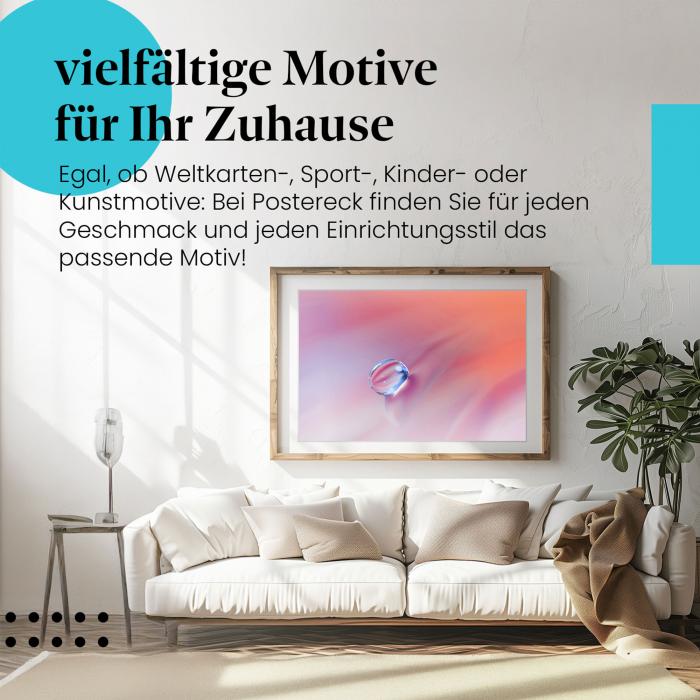 Gerahmtes Bild "Wassertropfen". Abstrakt, rosa & blau, Naturfotografie.