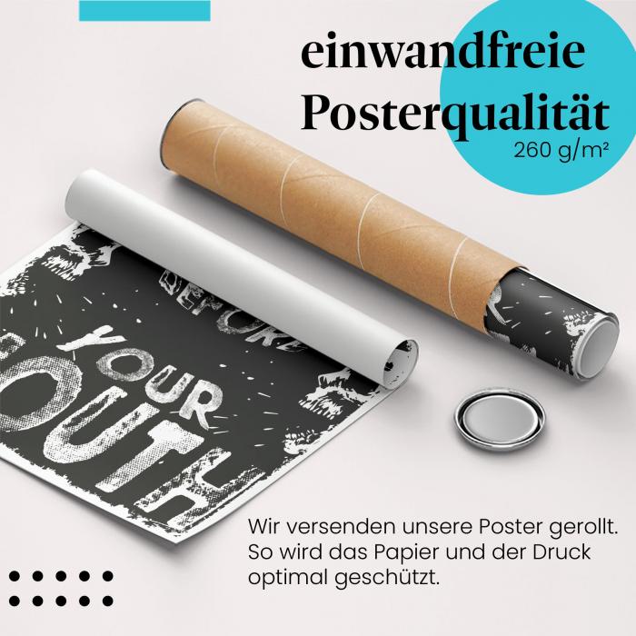 Gerolltes Poster "Offenheit". Totenkopf-Motiv mit Spruch, sicher verpackt.