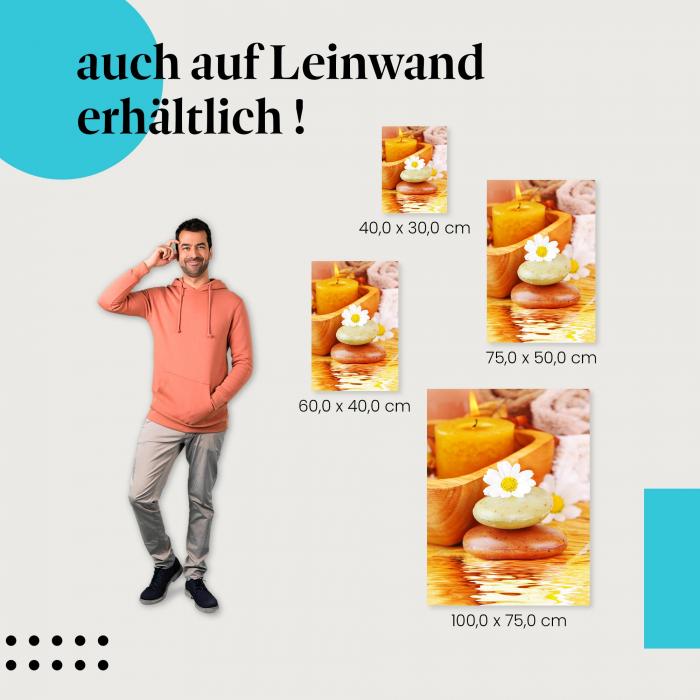 Wellness: Leinwandbild. Massagesteine, Kerze, Blüten, Handtücher.