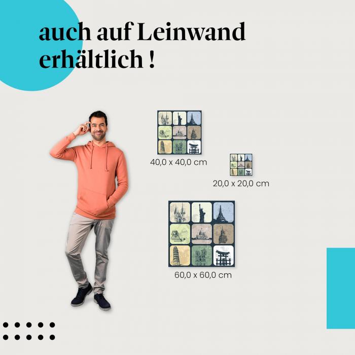 Illustrationen bekannter Sehenswürdigkeiten als Leinwandbild: Eiffelturm, Freiheitsstatue, Kolosseum - Fernweh garantiert.