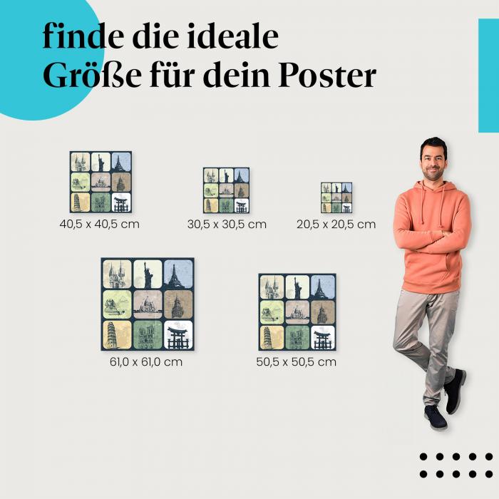 Wähle die ideale Postergröße: Illustrationen bekannter Sehenswürdigkeiten: Eiffelturm, Freiheitsstatue, Kolosseum.