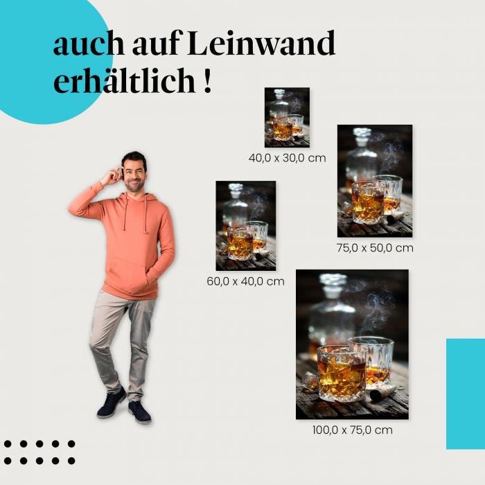 Whiskey & Zigarre: Leinwandbild. Gläser, Eis, Rauch, wähle deine Größe!