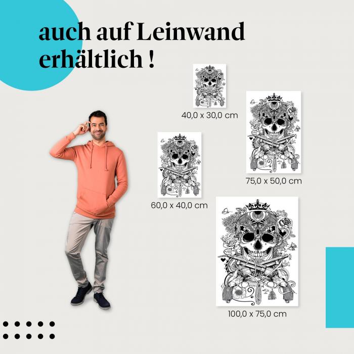 Totenkopf: Leinwandbild. Blumen, Pistolen, Tattoo.