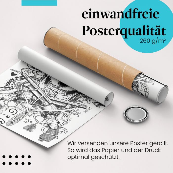 Gerolltes Poster "Totenkopf". Tattoo-Kunst, sicher verpackt.