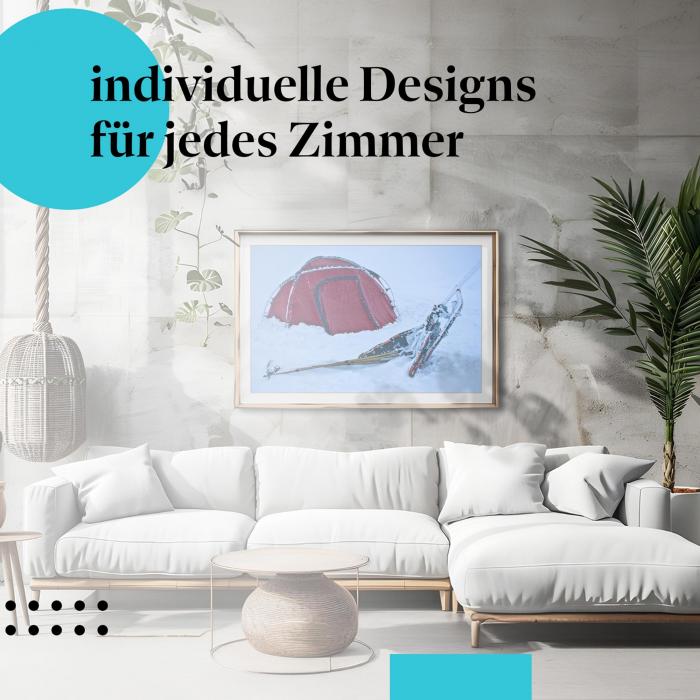 Schlafzimmer Deko: Minimalistisches Schlafzimmer mit "Wintercamping" Poster. Wanddeko für Outdoor-Fans.