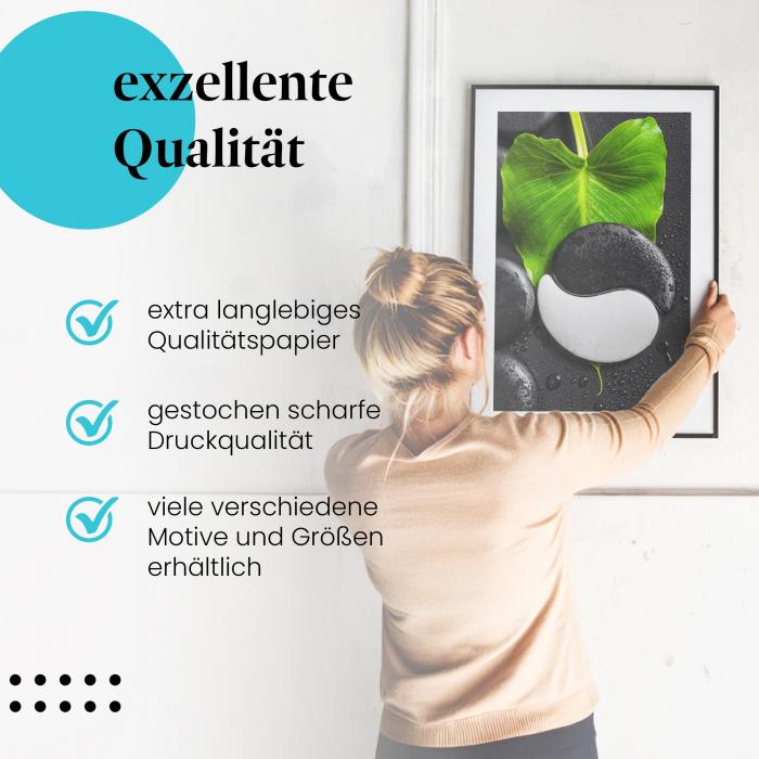 "Yin Yang Symbol": Gerahmtes Wandbild - Stein und Blatt.